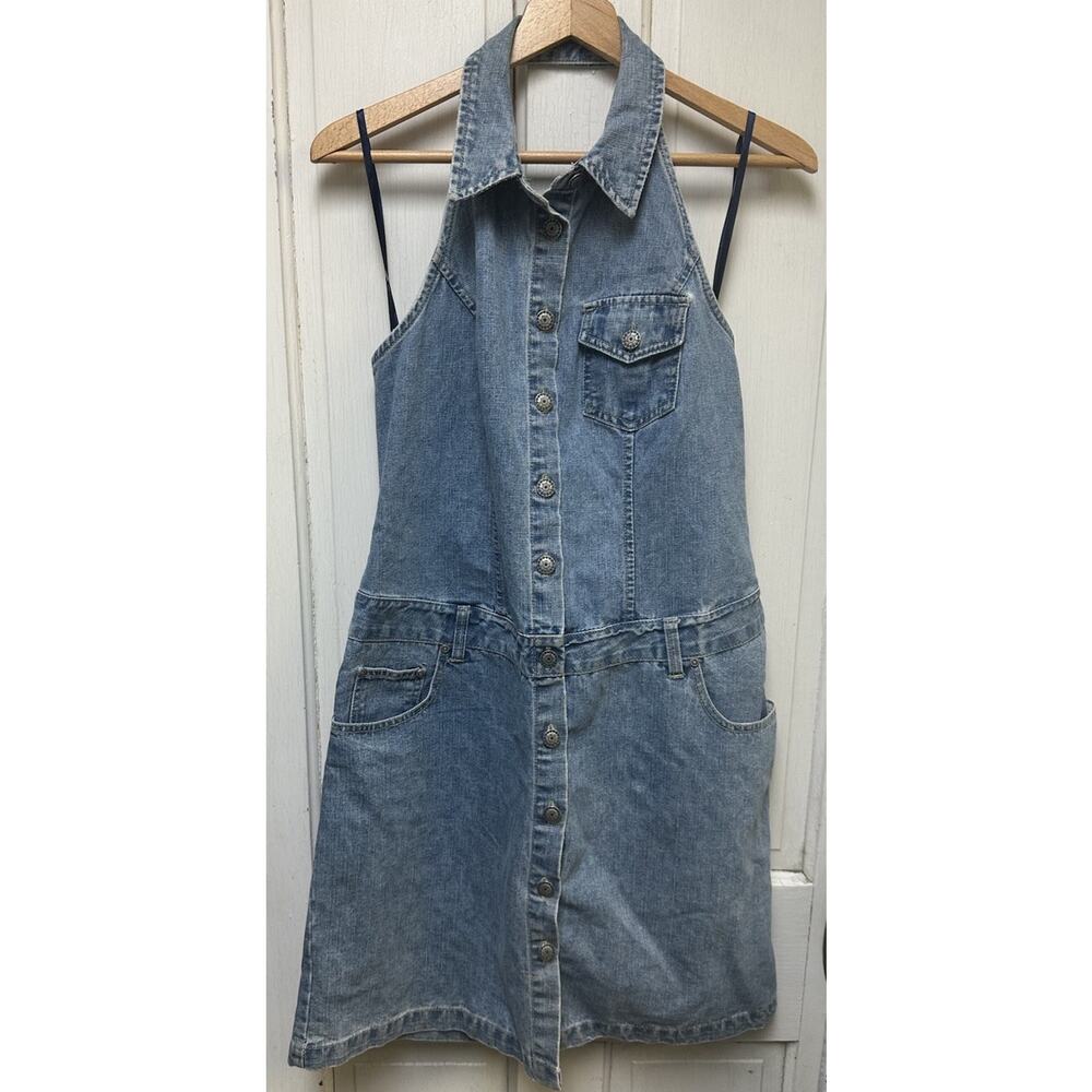 NWT Y2K Faded Glory Halter Denim Dress Pockets Stretch Size 11/12